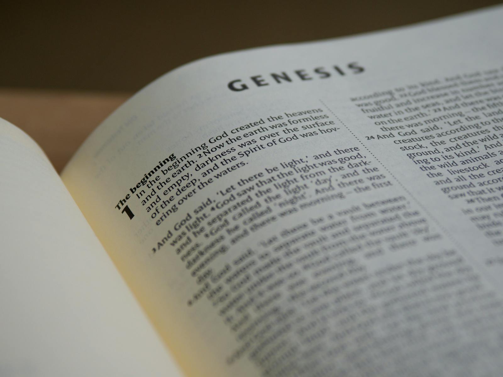 Detailed view of the Book of Genesis in a Bible with selective focus accentuating the text.